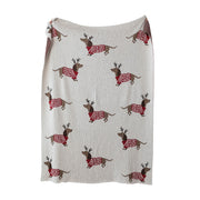 Cotton Knit Throw with Daschunds in Antlers & Sweaters, Natural, Red & Brown