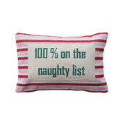 Cotton Embroidered Lumbar Pillow with Stripes "100% On The Naughty List"