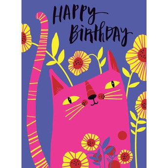 Pink Kitty In Flowers On Purple- Birthday greeting card
