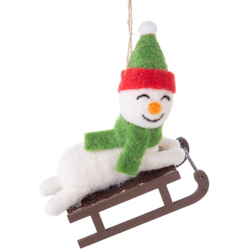 Snowman On Wood Toboggan Felt Ornament