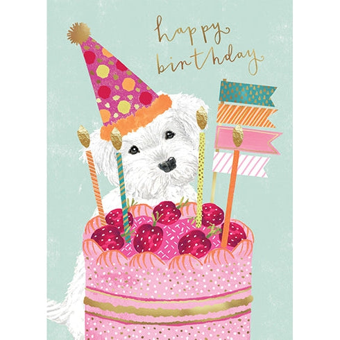 Pup With Strawberry Cake Birthday Card