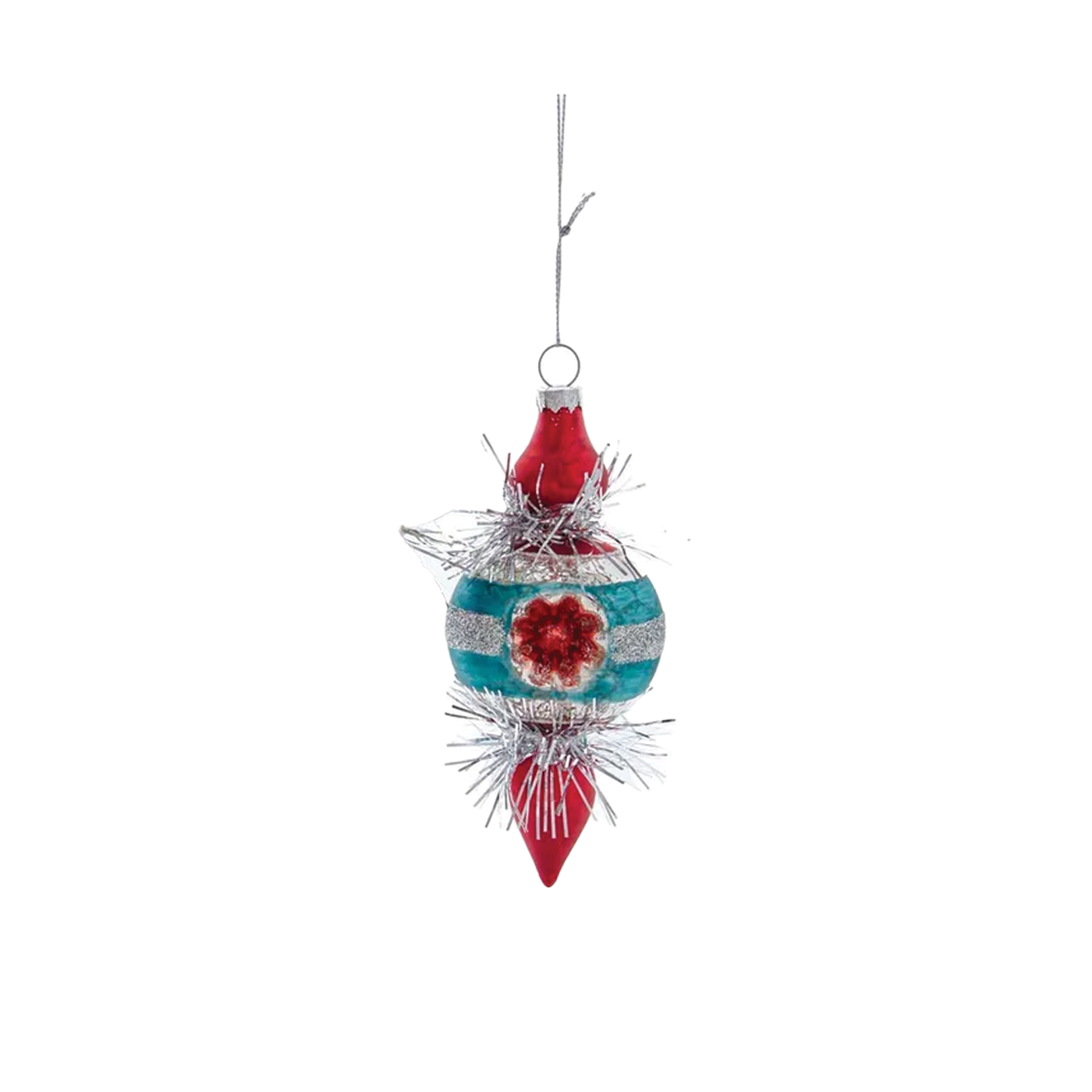 Glass Colorful Reflector Retro Finial With Tinsel Ornament - Red & Blue