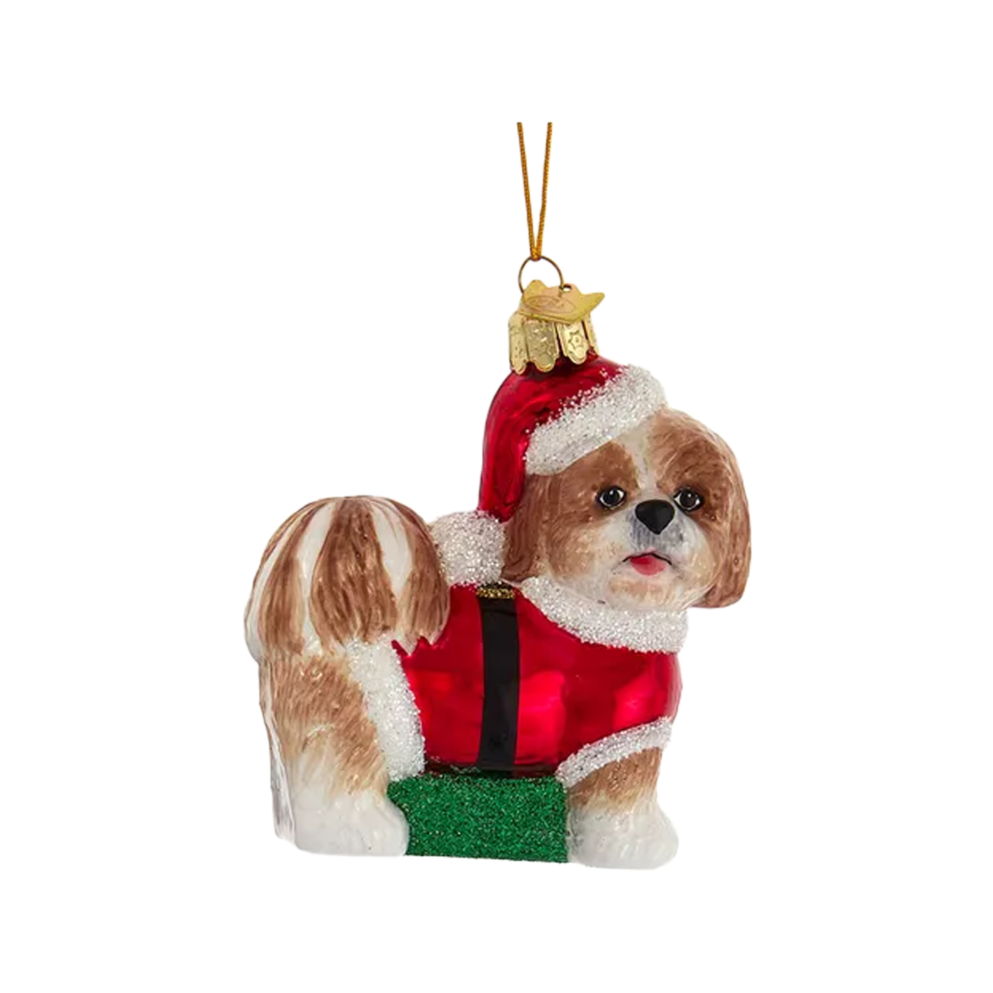 Shih Tzu With Santa Suit Glass Ornament - Brown & White