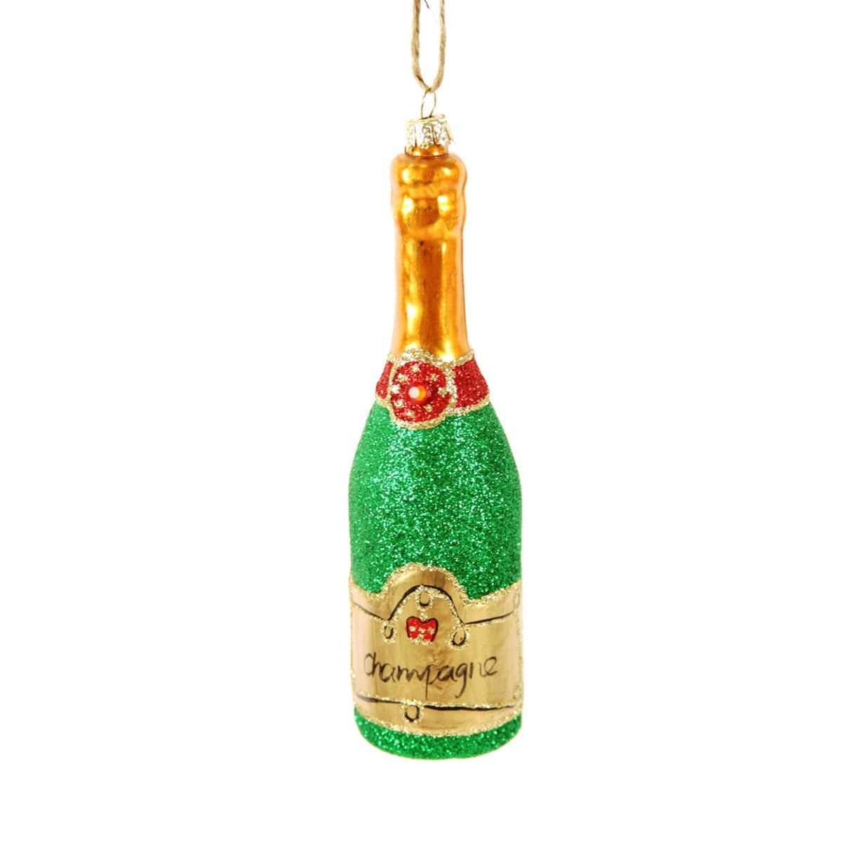 Glittered Champagne Bottle Ornament - Green