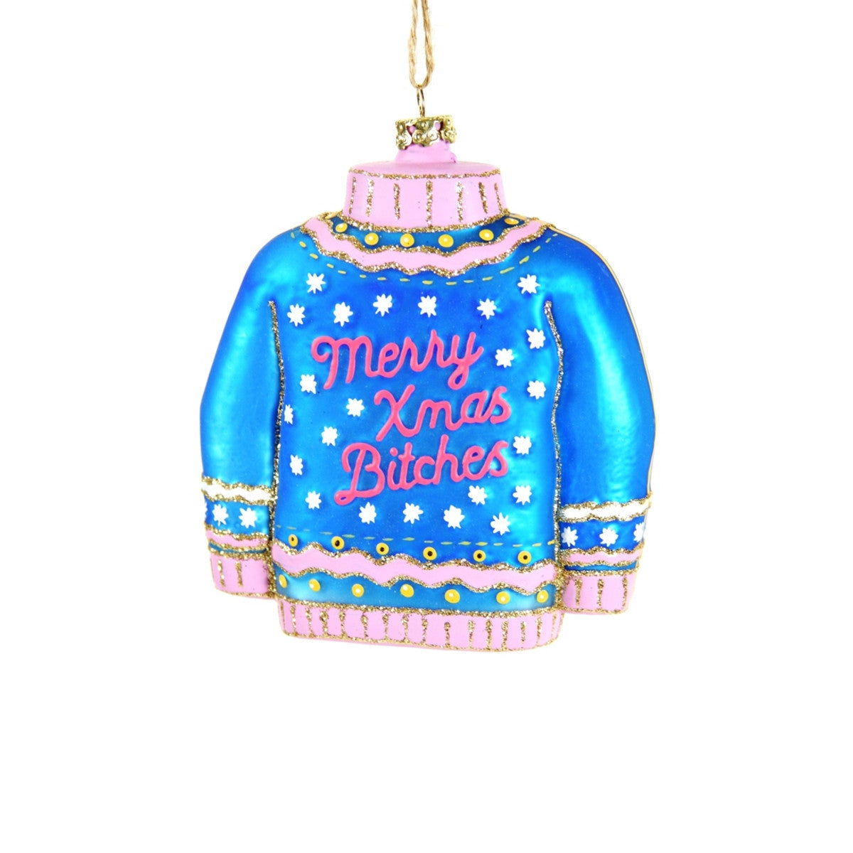 Merry Xmas B*tches Ugly Sweater Glass Ornament - Blue