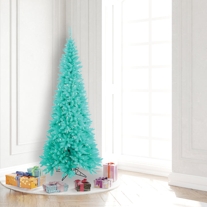 Aqua Slim Fir Tree - 6.5' x 34" Pre-Lit with 400 Aqua Dura-Lit LED Italian Style Lights