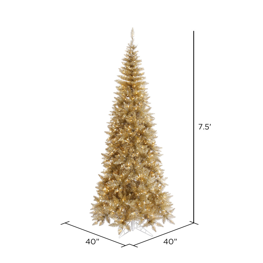 Champagne Tinsel Slim Fir Tree 7.5' x 40" Pre-Lit with 500 Italian Style Warm White Dura-Lit LED Lights