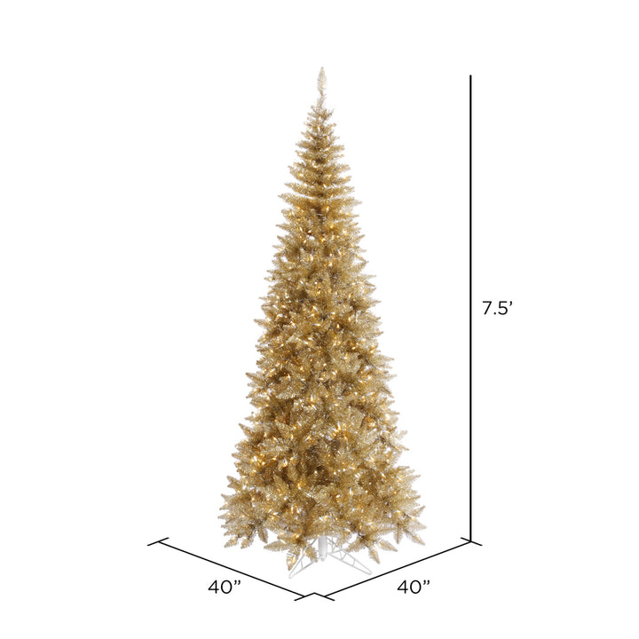 Champagne Tinsel Slim Fir Tree 7.5' x 40" Pre-Lit with 500 Italian Style Warm White Dura-Lit LED Lights