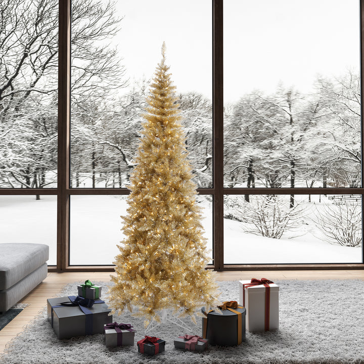 Champagne Tinsel Slim Fir Tree 7.5' x 40" Pre-Lit with 500 Italian Style Warm White Dura-Lit LED Lights
