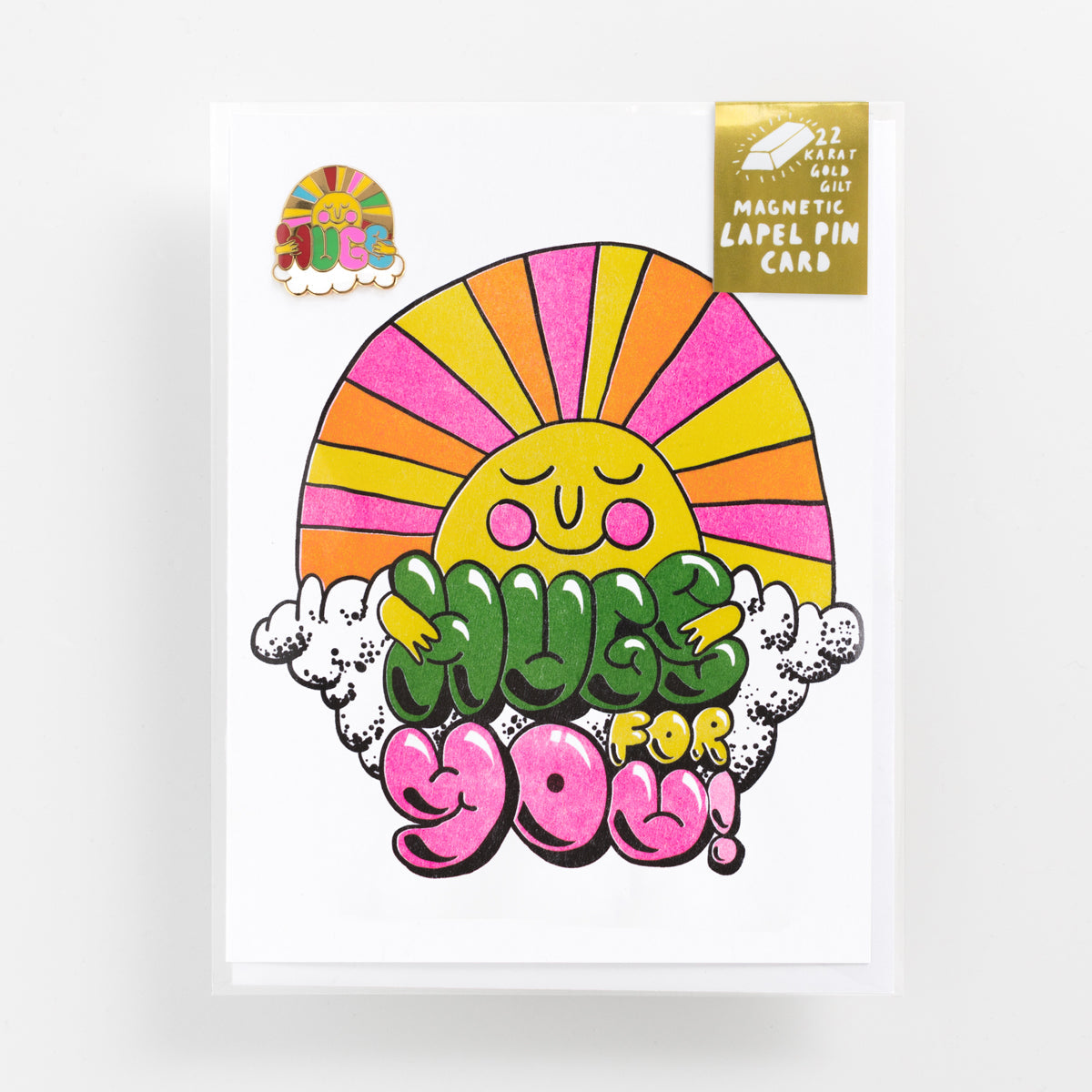 Hugs For You Risograph Card With Magnetic Lapel Pin