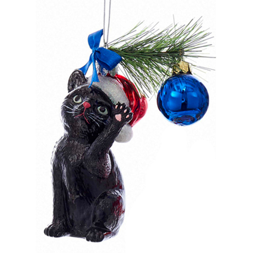 Christmas Cat Glass Ornament - Black