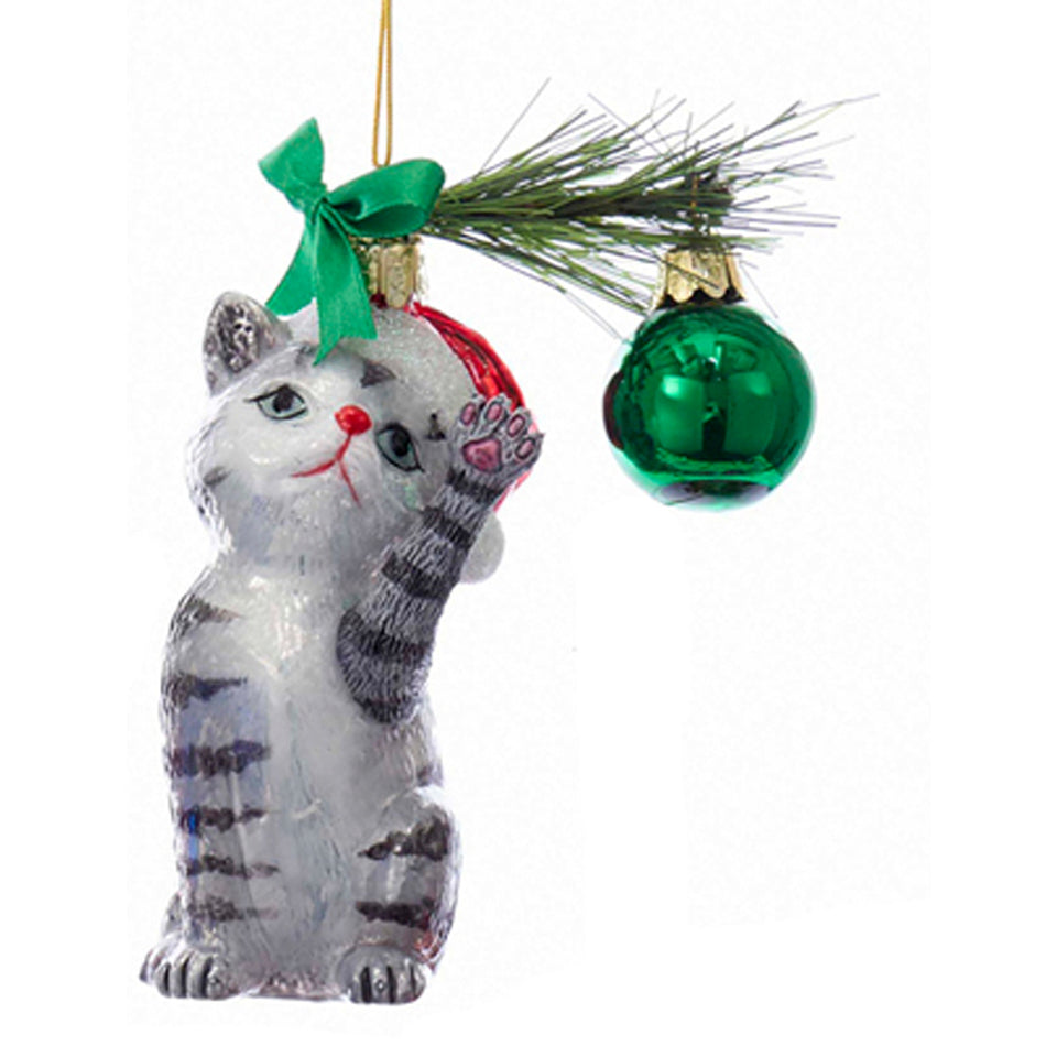 Christmas Cat Glass Ornament - Gray Tabby