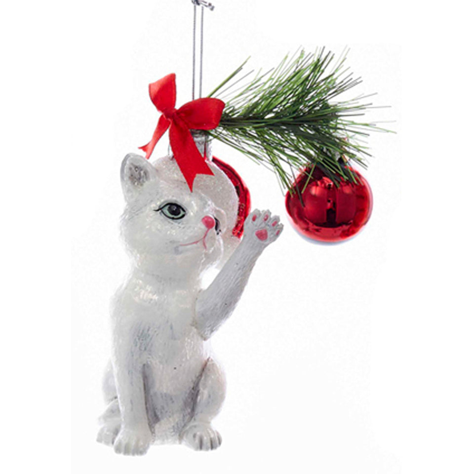 Christmas Cat Glass Ornament - White Cat