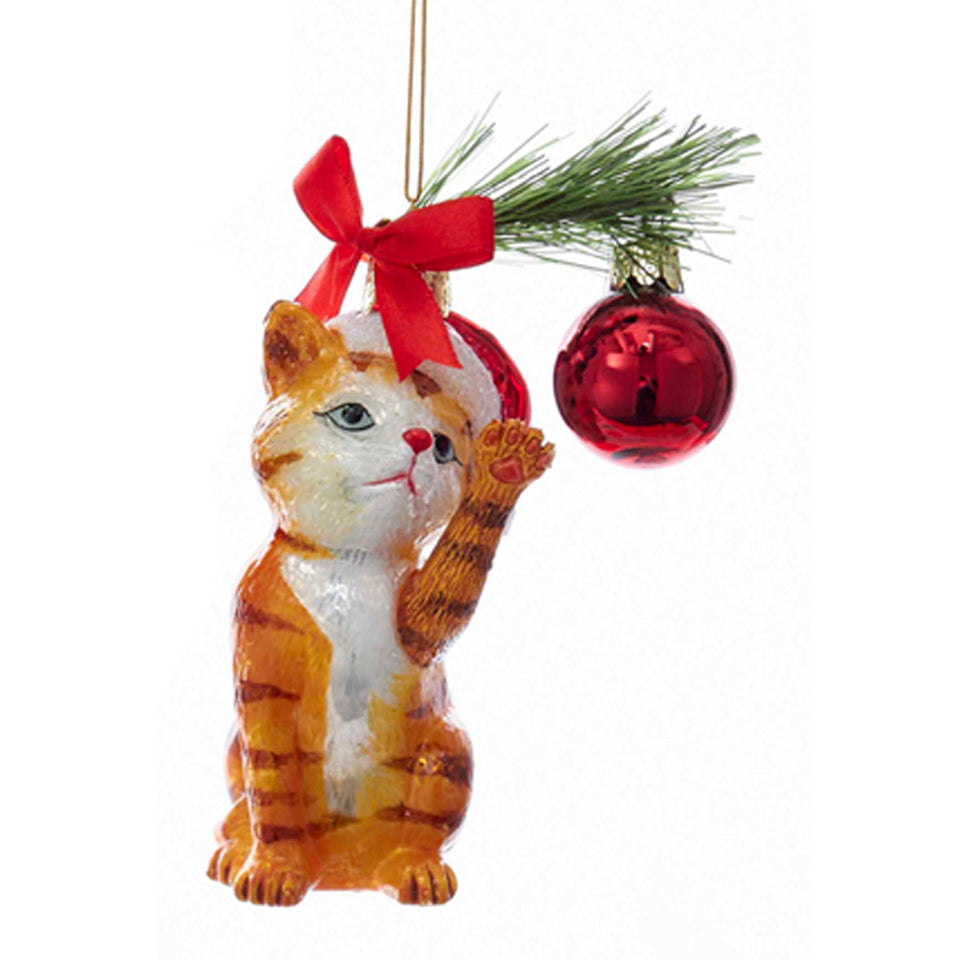 Christmas Cat Glass Ornament - Orange Tabby