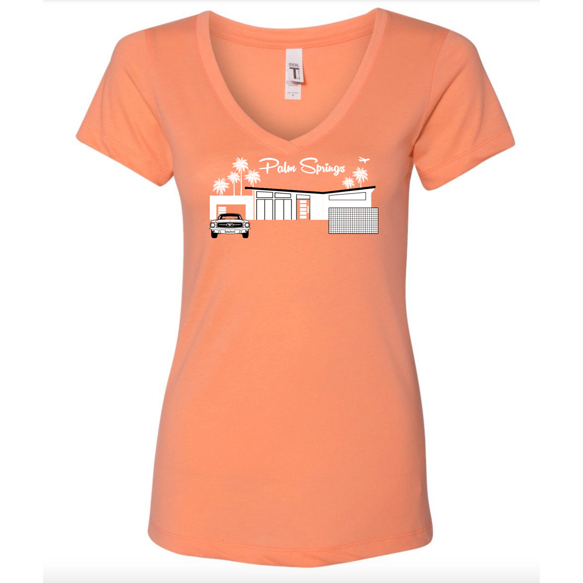 Twin Palms Ladies' V-Neck T-Shirt - Light Orange 2022 - Just Fabulous Palm Springs