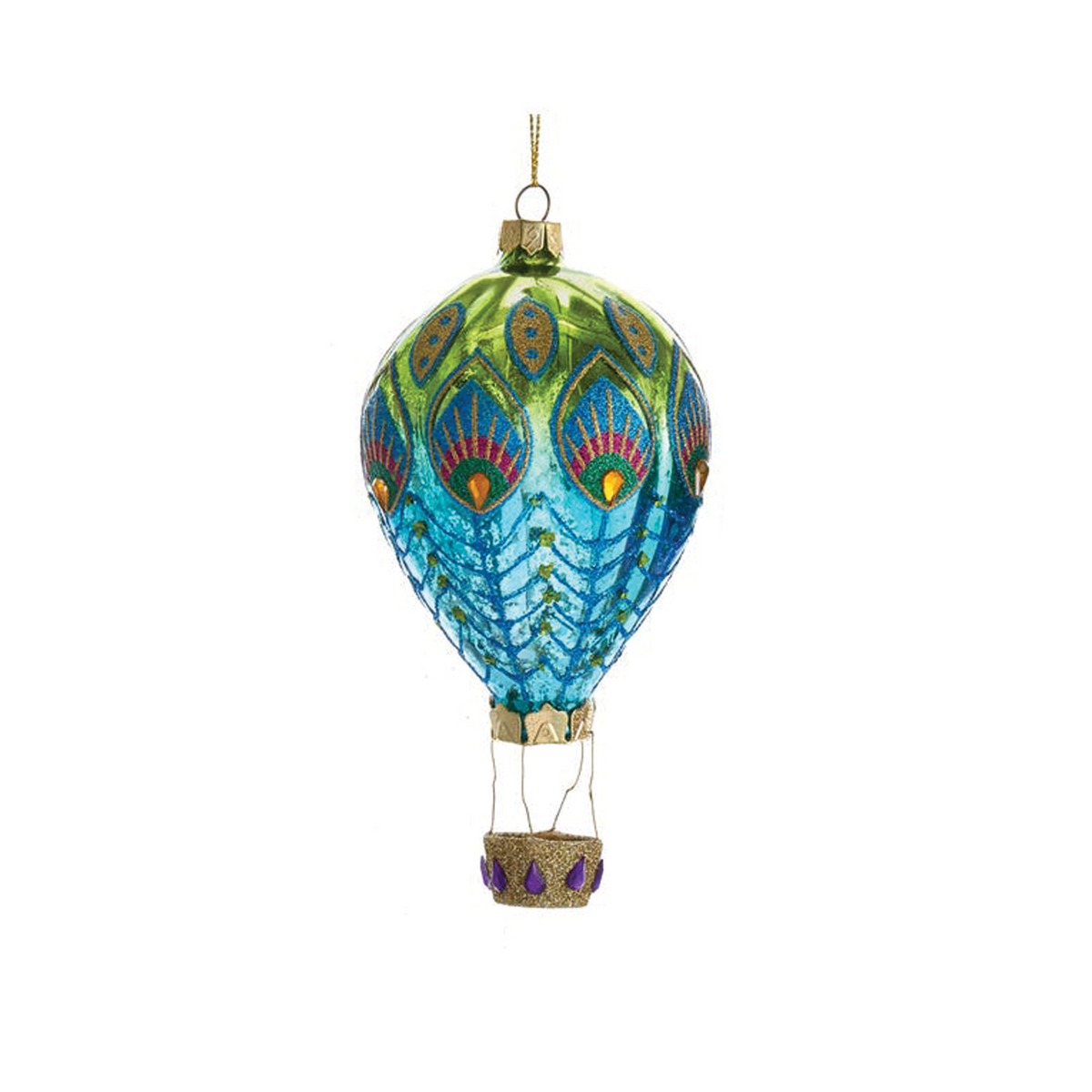 Peacock Hot Air Balloon Glass Ornament - Blue & Green - Just Fabulous Palm Springs