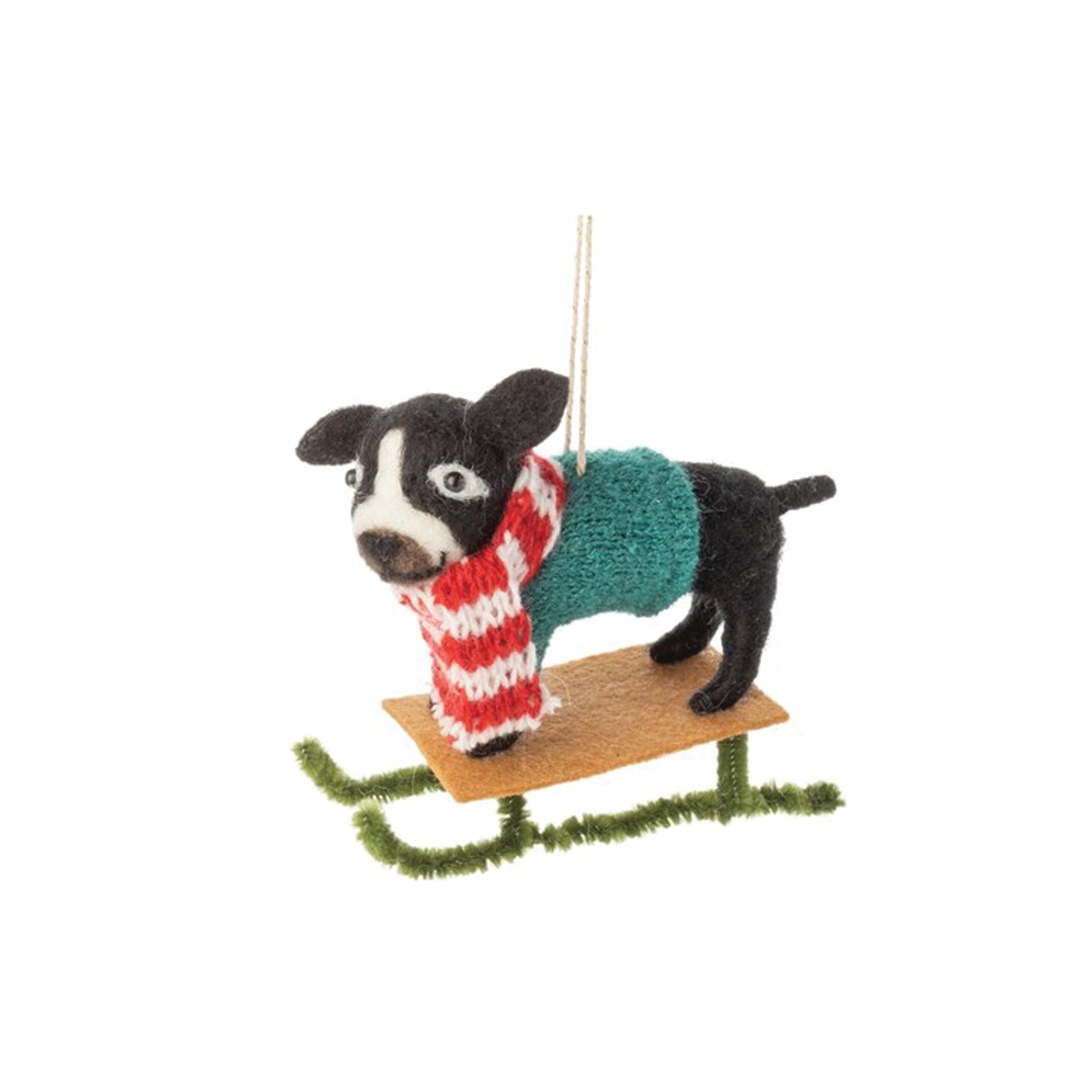 Black And White Dog On A Sled Felt Ornament