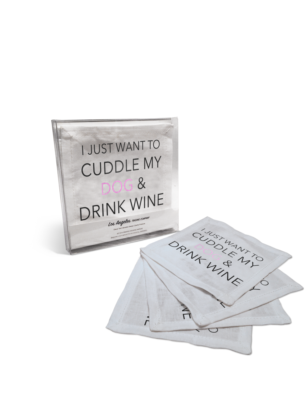 Linen Cocktail Napkins - I Just Want to Cuddle My Dog & Drink Wine - Boxed Set Of 4 napkins