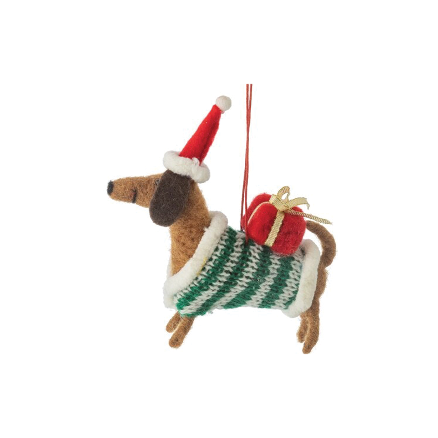 Brown Dachshunds With Presents Felt Ornament - Green Sweater