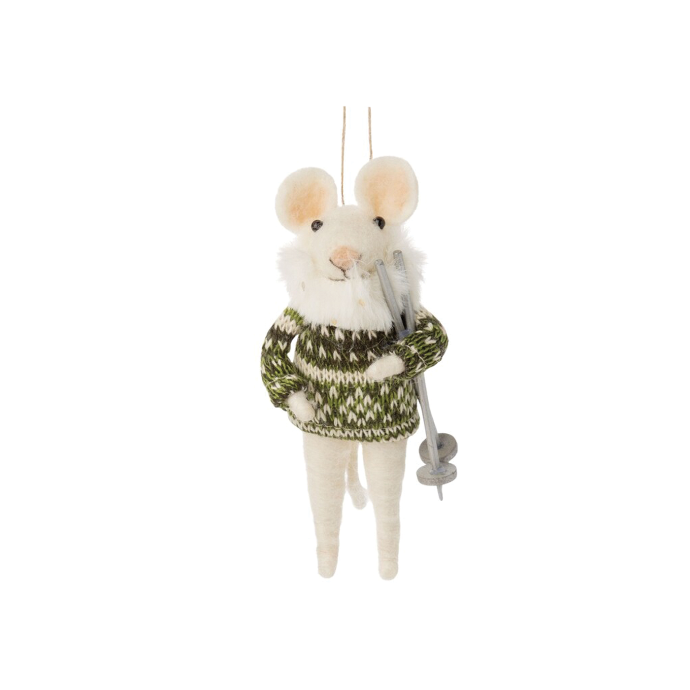 Mouse With Sweater And Ski Poles Felt Ornament - Green