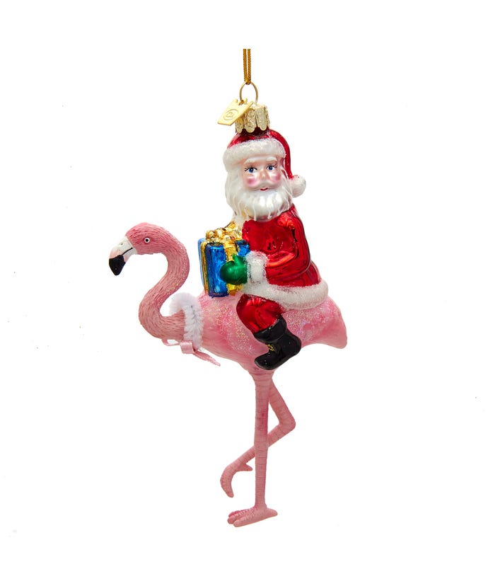 Santa With Flamingo Glass Ornament