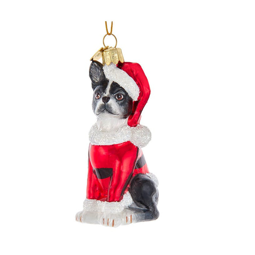 Boston Terrier With Santa Suit Glass Ornament