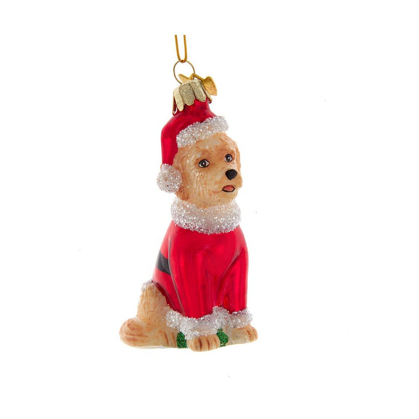 Goldendoodle With Santa Suit Glass Ornament