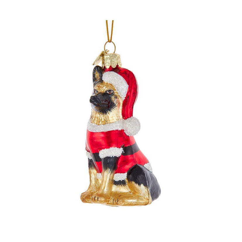 German Shepherd With Santa Suit Glass Ornament
