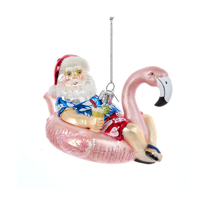 Santa In Flamingo Pool Float Glass Ornament