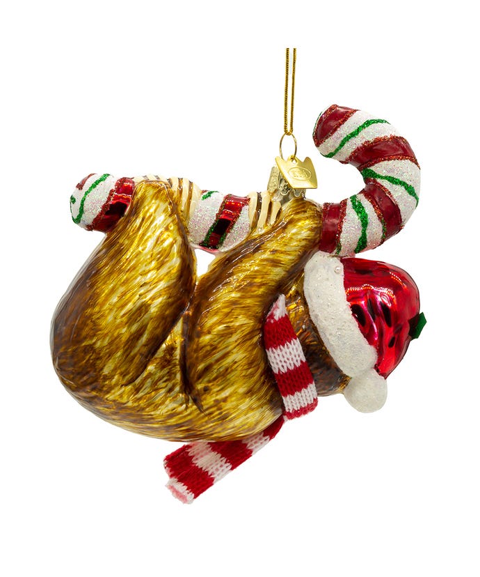 Sloth With Candy Cane Glass Ornament