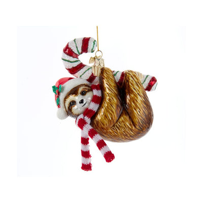Sloth With Candy Cane Glass Ornament