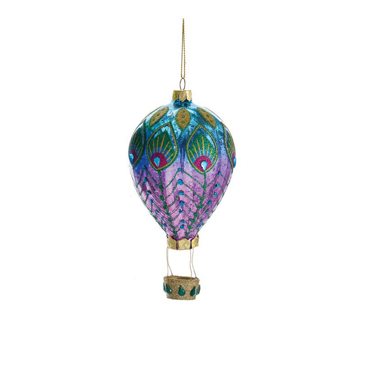 Peacock Hot Air Balloon Glass Ornament - Purple & Blue
