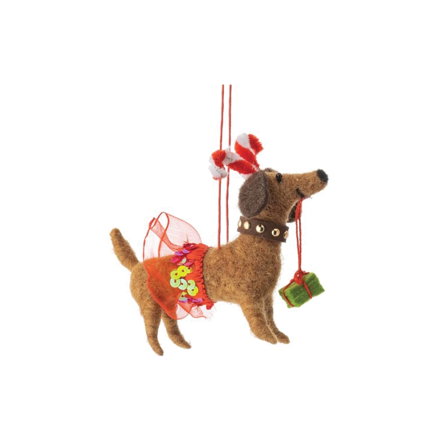 Brown Dachshunds With Presents Felt Ornament - Red Tutu
