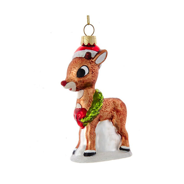 Rudolph The Red Nose Reindeer With Wreath Glass Ornament