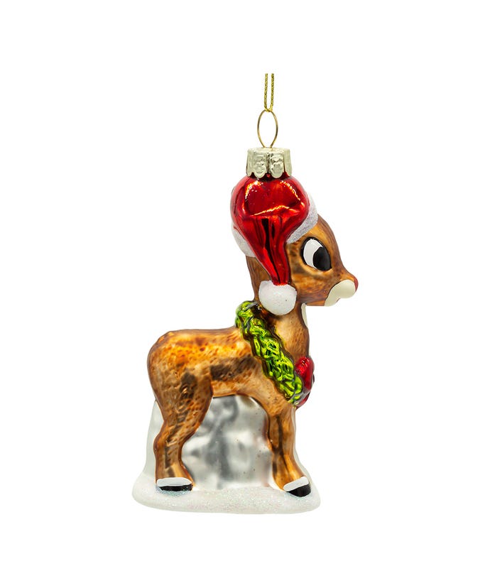 Rudolph The Red Nose Reindeer With Wreath Glass Ornament