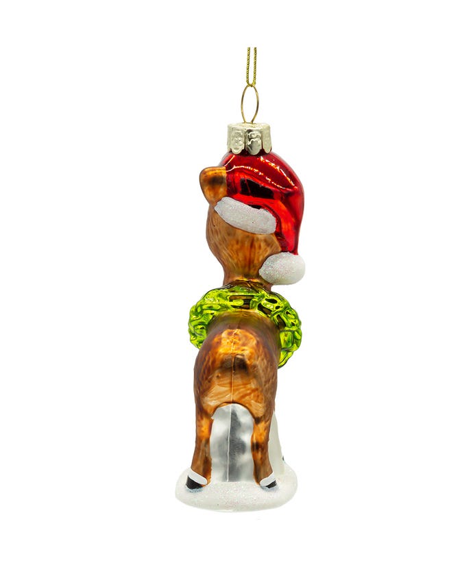 Rudolph The Red Nose Reindeer With Wreath Glass Ornament
