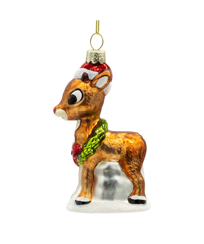 Rudolph The Red Nose Reindeer With Wreath Glass Ornament