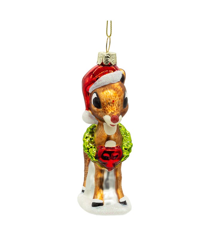 Rudolph The Red Nose Reindeer With Wreath Glass Ornament