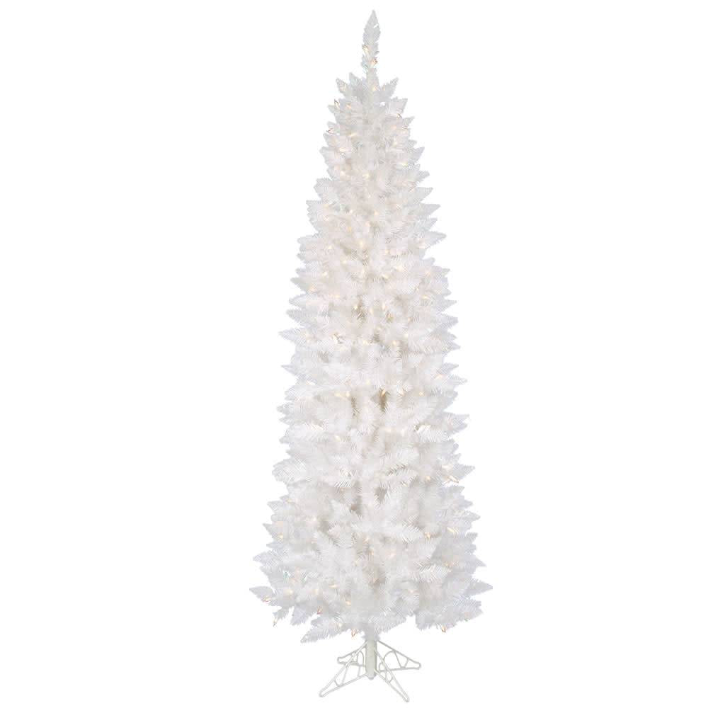 Sparkle White Pencil Spruce Tree - 7.5' x 34" Pre-Lit with 350 Warm White LED Italian Mini Lights - Just Fabulous Palm Springs