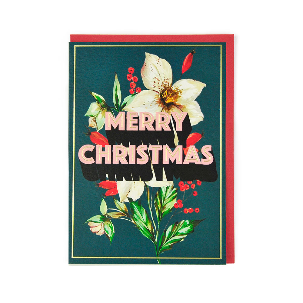 White Floral Merry Christmas Holiday Card